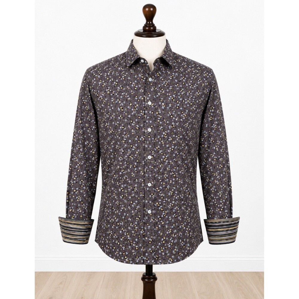 Thomas Dean L Floral Print Shirt Brown Blue Contrast Cuffs 100% Cotton Preppy